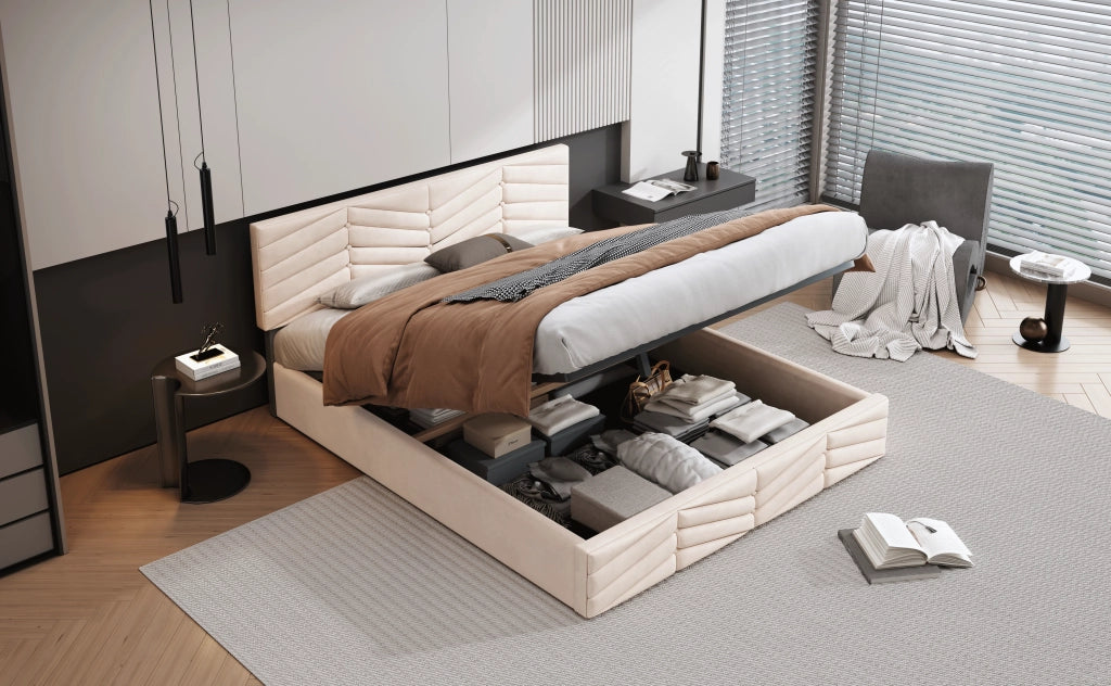DESMIU Letto Matrimoniale 140 × 200 cm 2 Posti con Testiera Regolabile, Senza Materasso, in Velluto Beige