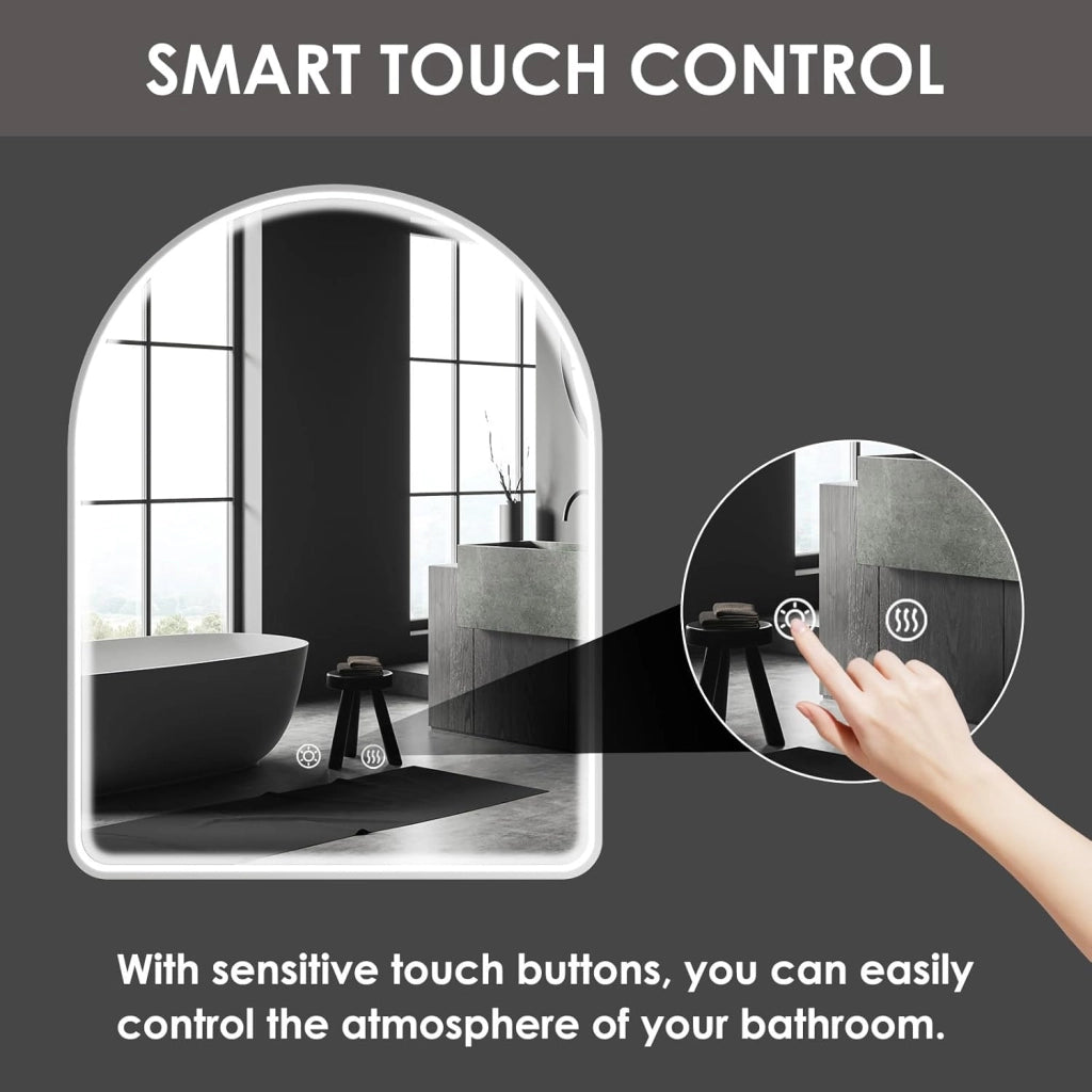 Specchio da bagno illuminato 80 x 60 cm, curvo con interruttore touch, striscia luminosa COB migliorata, specchio da parete illuminato, anti-appannamento, 3 colori chiari