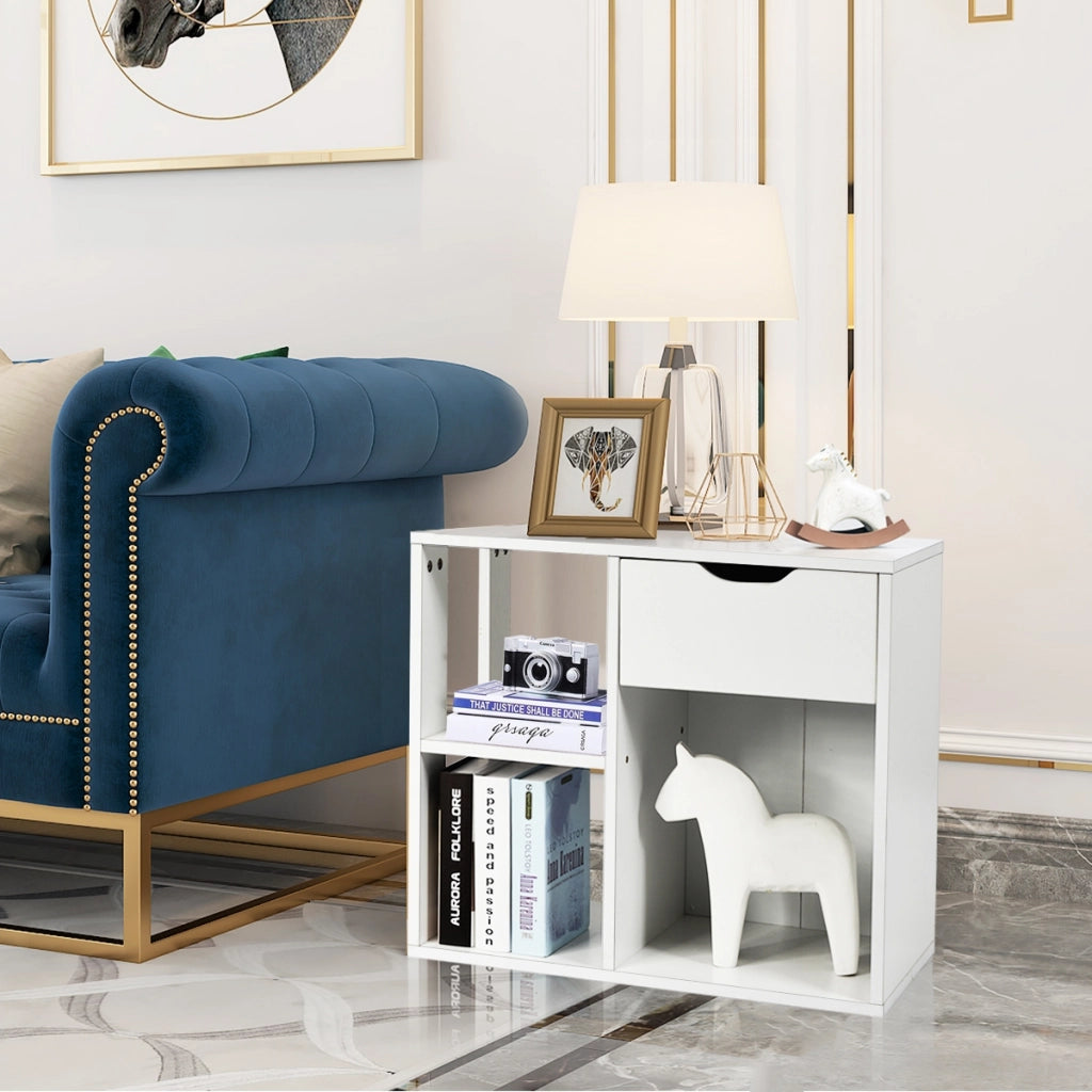 Tavolino di servizio con cassetto per piccoli spazi-Comodino industriale per salone e camera da letto-Bianco