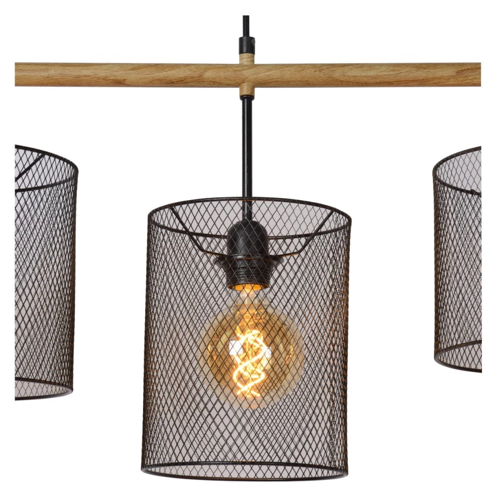 Lucide Baskett lampadario 4 luci E27 nero/legno regolabile