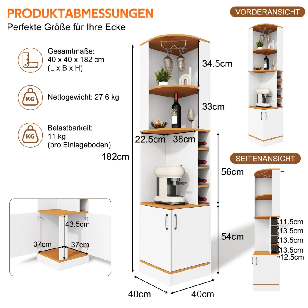 Mobile angolare portabottiglie con portacalici; 40×40×182 cm; MDF bianco