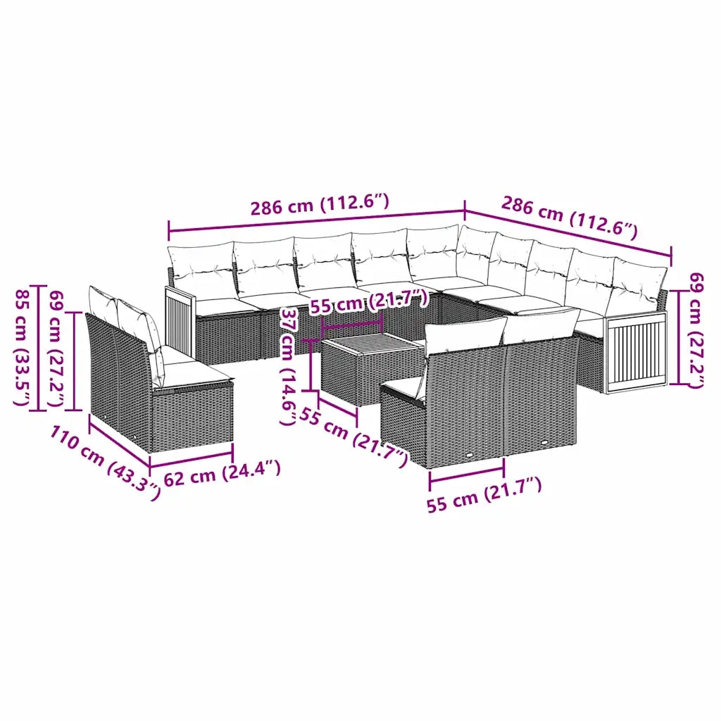 Set Divani da Giardino 14pz con Cuscini in Polyrattan Nero