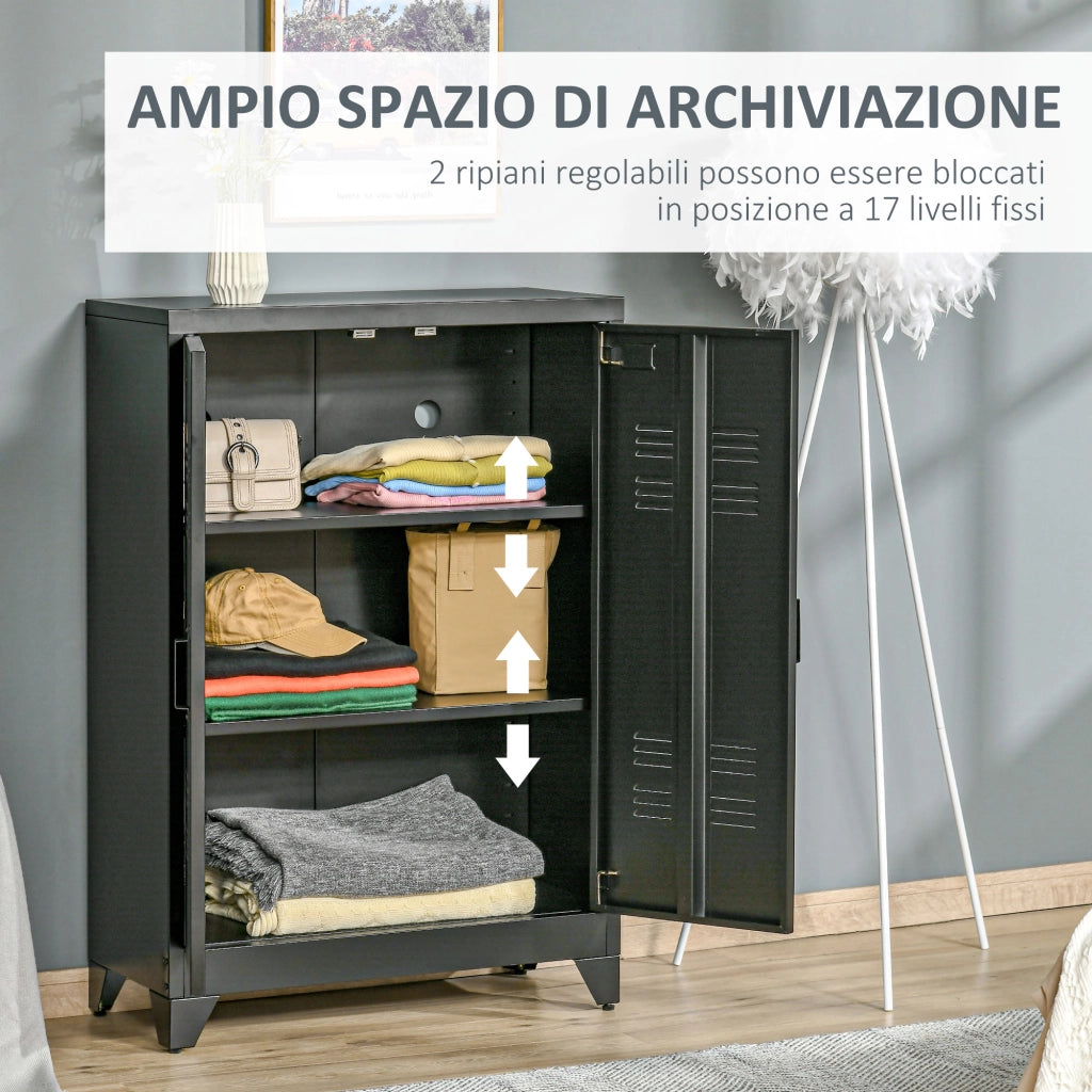 Armadietto 75x33x110 cm a 2 Ante in Stile Industriale in Metallo Nero