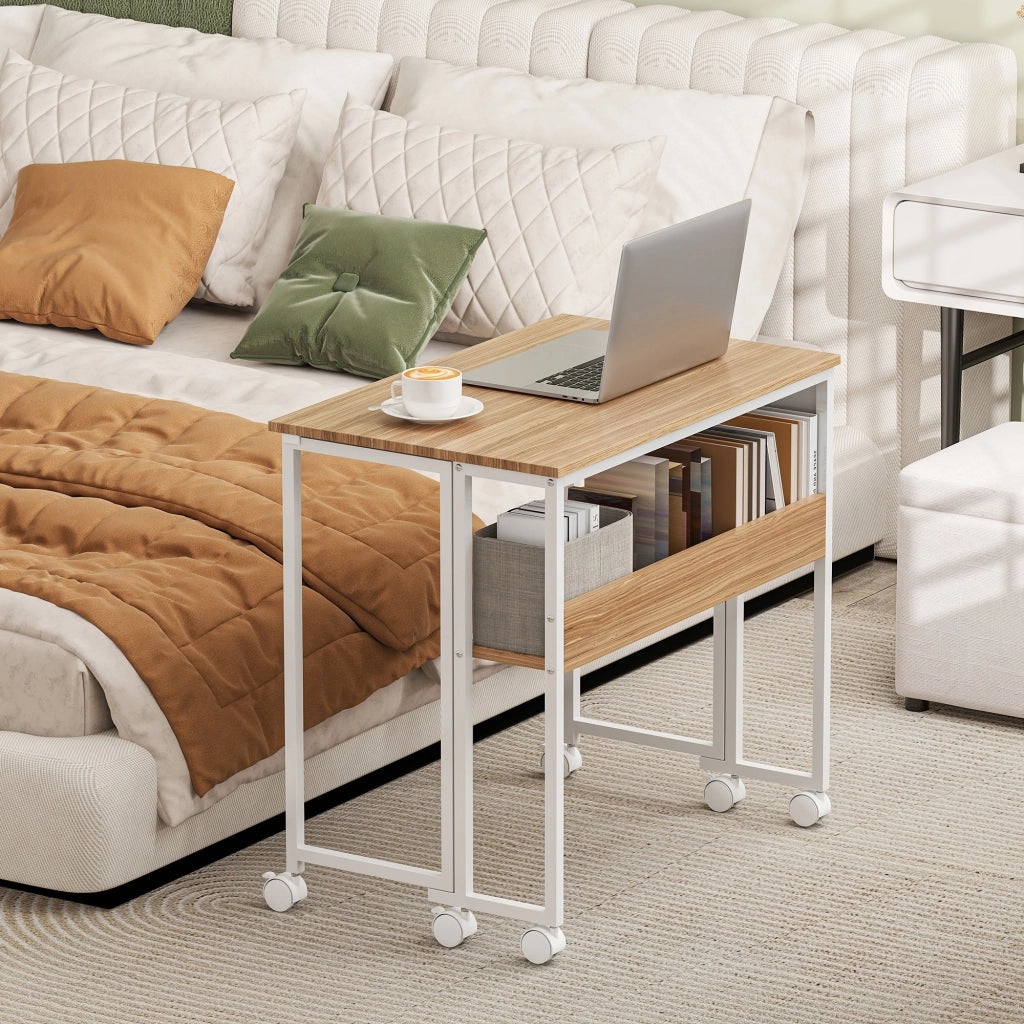 Scrivania Pieghevole con Ruote e Ripiano ¨C zephmum ¨C 80x50x75 cm Bianco e Naturale