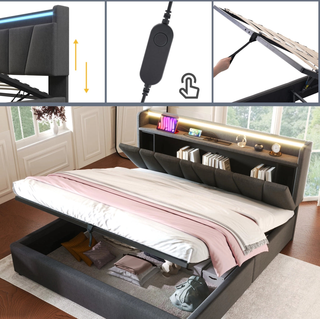 Letto matrimoniale imbottito 160 x 200 cm con materasso, LED e ricarica USB