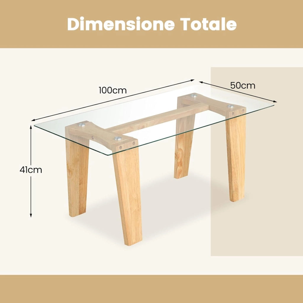Tavolino da Caffè per Salotto, Tavolino Rettangolare in Vetro Temperato e Legno Massicio di Gomma, Tavolino da Divano Moderno per Soggiorno, 100 x 50 x 41 cm, Naturale