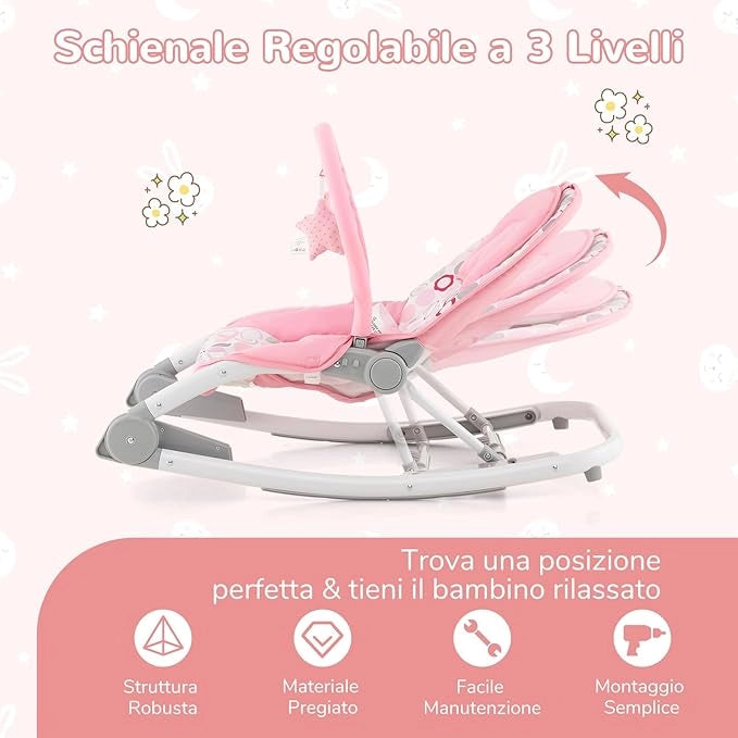 2-in-1 Sdraietta per Bambini, Sdraietta per Neonati Portatile con Schienale Regolabile a 3 Livelli, Sdraietta Pieghevole con Giocattoli, con Cintura di Sicurezza, per Bambini 0-6 Mesi (Rosa)