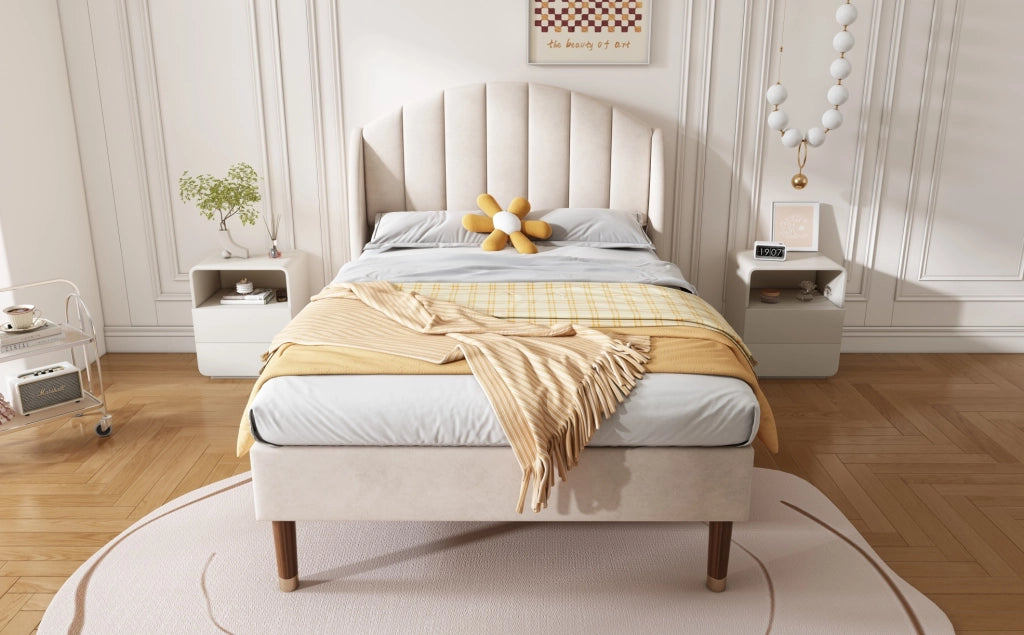 Letto singolo imbottito 90x200 cm in velluto beige con rete a doghe e testiera