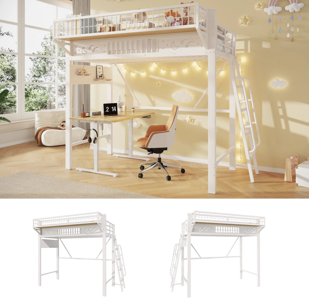 Letto a soppalco in metallo 90 x 200 cm con vani portaoggetti; bianco