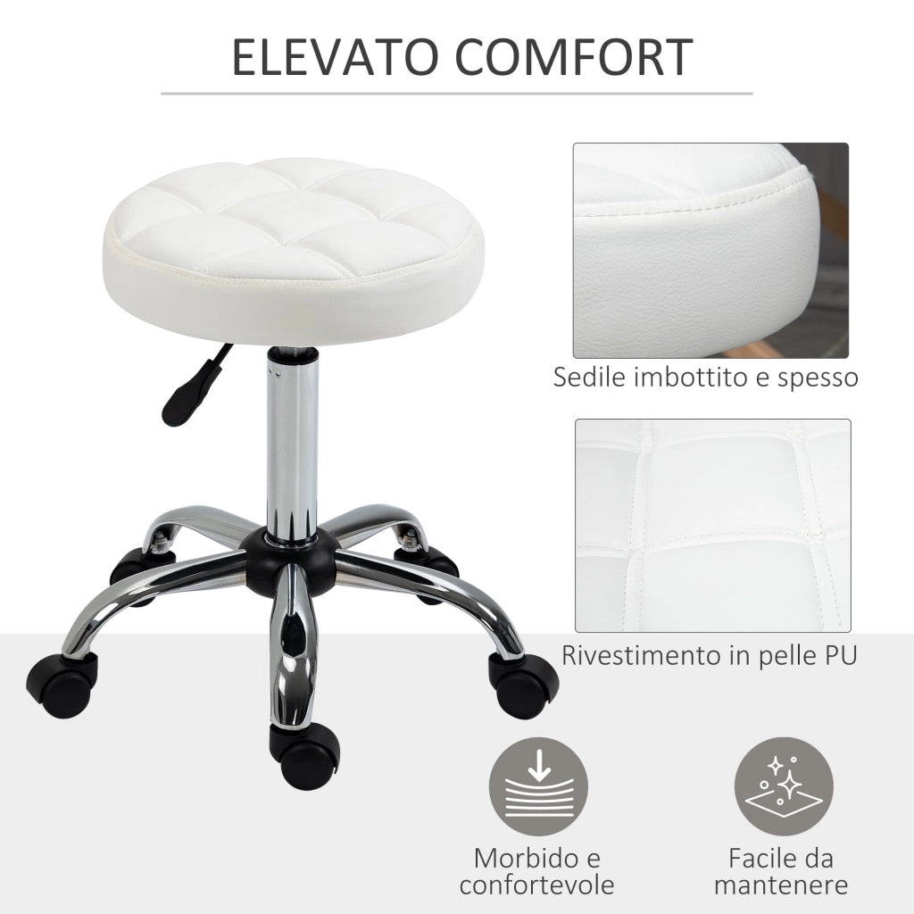 Sgabello Girevole Rotondo con Ruote Ø35,5x51-67 cm Altezza Regolabile in Similpelle Bianco