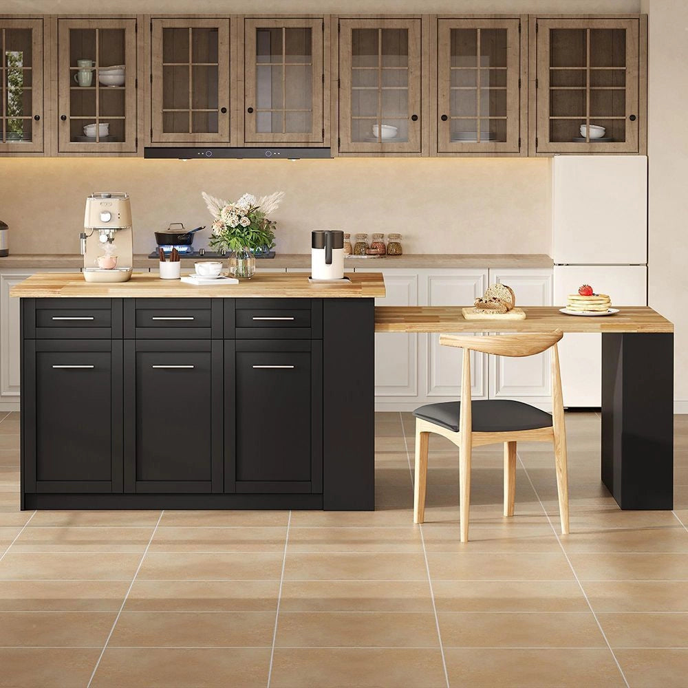 ?lot de cucina multifunzionale - Xylo - 150x96 cm - Nero - Tavola allungabile, piano laminato legno, armadi integrati