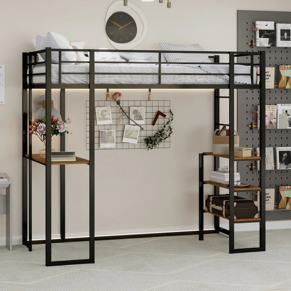 Letto a soppalco singolo 90 × 190 cm con scrivania, scala su 2 lati e barriera, senza materasso, nero