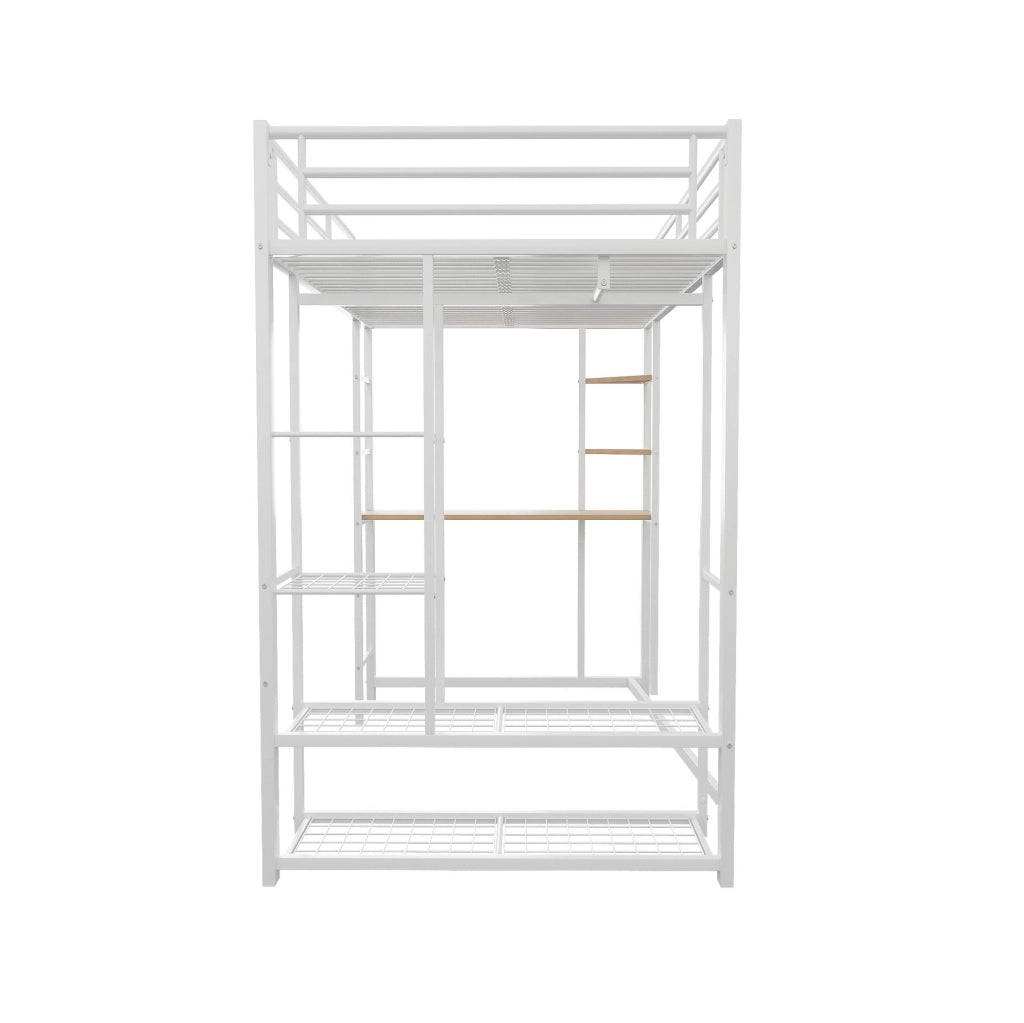 Letto a soppalco singolo 90x200 cm in metallo e MDF con scrivania; ripiani e guardaroba; bianco