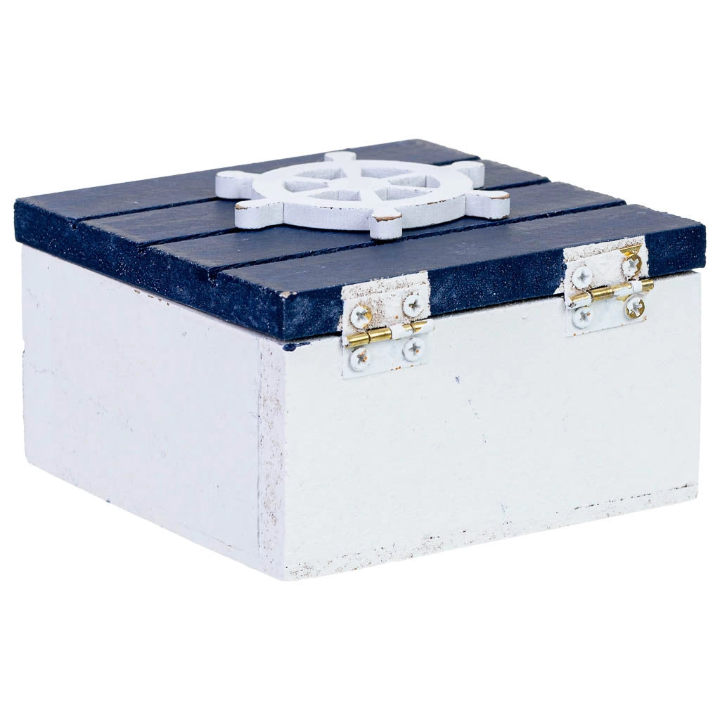 Scatola decorativa in legno con timone blu, 9 x 9 x 6 cm