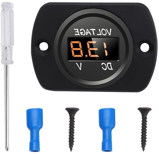 Voltmetro Auto Acqua-Resistente 12V 24V con Display Digitale a LED e Pannello di Montaggio - Tester di Tensione Circolare per Barca Nautica Veicoli Motori Motocicli Camion Autocarro ATV UTV Arancione