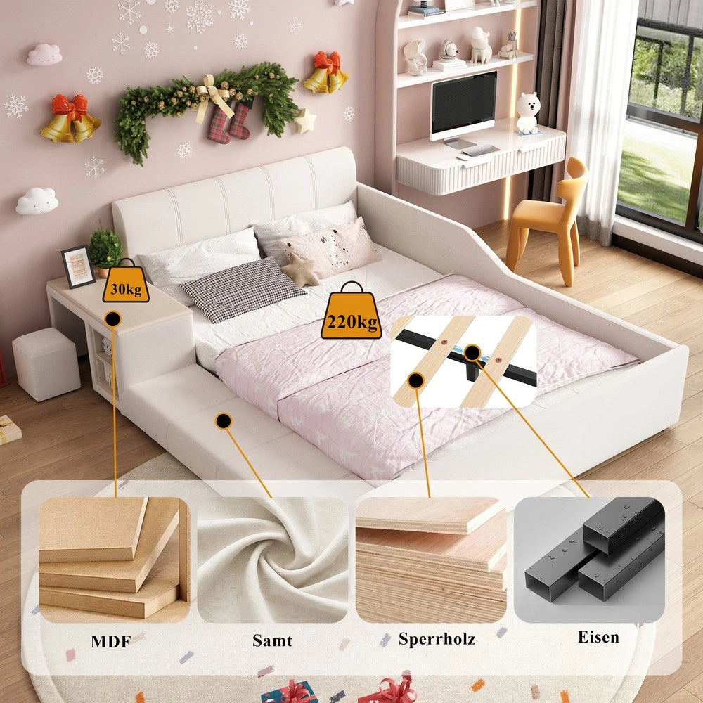 Letto imbottito per bambini con scrivania e sgabello ¨C Minimal ¨C Velluto bianco 140x200cm