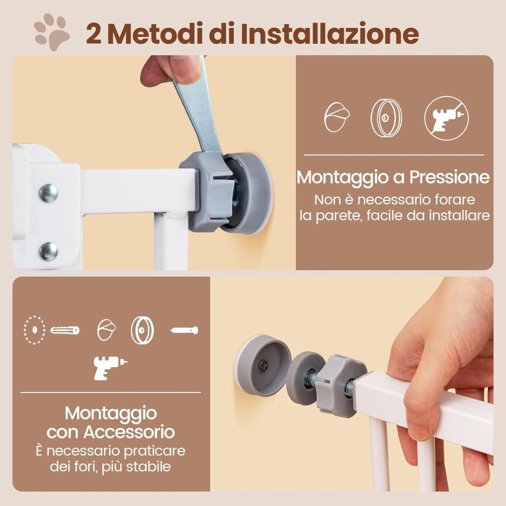 Cancello per Cani per Aperture da 74 a 104 cm, Recinto Espandibile con 2 Prolunghe, Installazione Senza Fori con Supporti, Doppia Chiusura, Cancello Metallico per Scala e Ingresso (Bianco)
