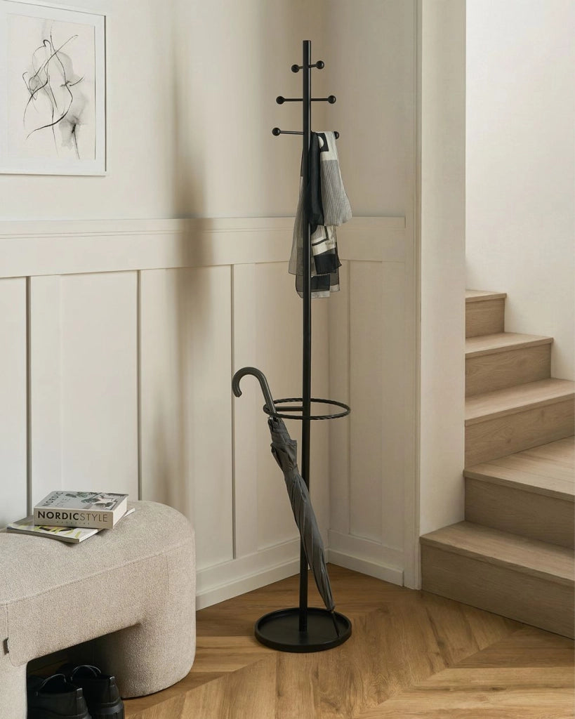 Appendiabiti in acciaio nero 180 cm, appendiabiti da terra con portombrelli, moderno per ingresso