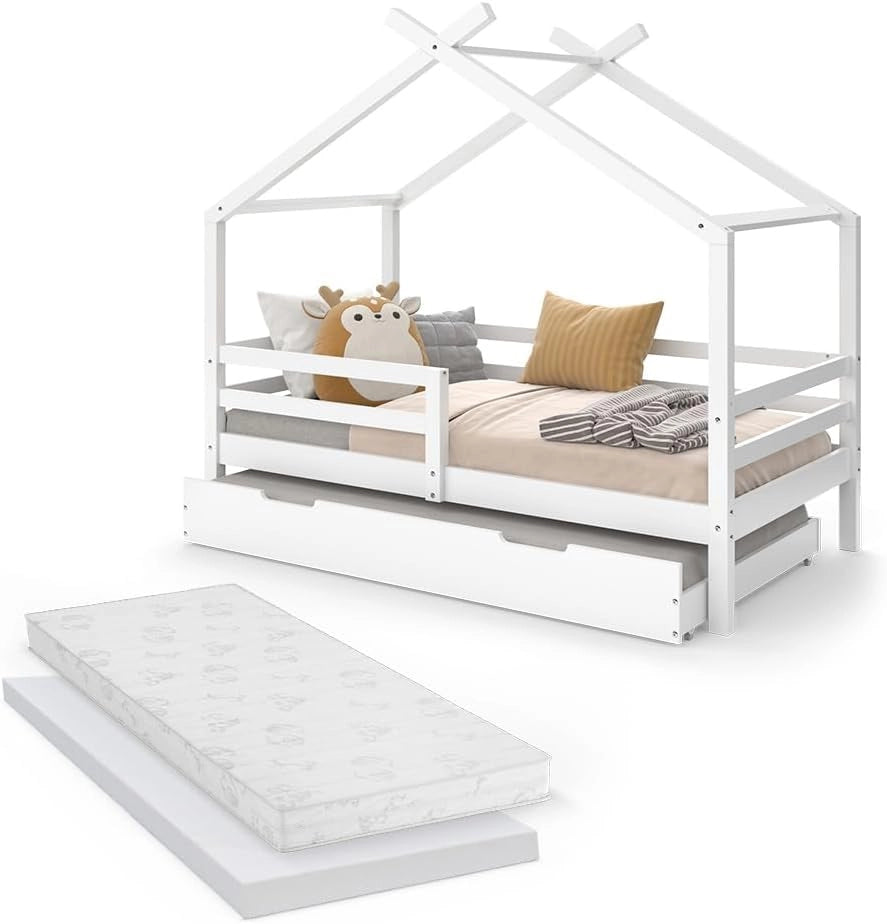 Letto montessori bambini Luni, Bianco, 160 x 80 cm Con letto ospite estraibile e materassi, come una piccola casa per un'atmosfera calda