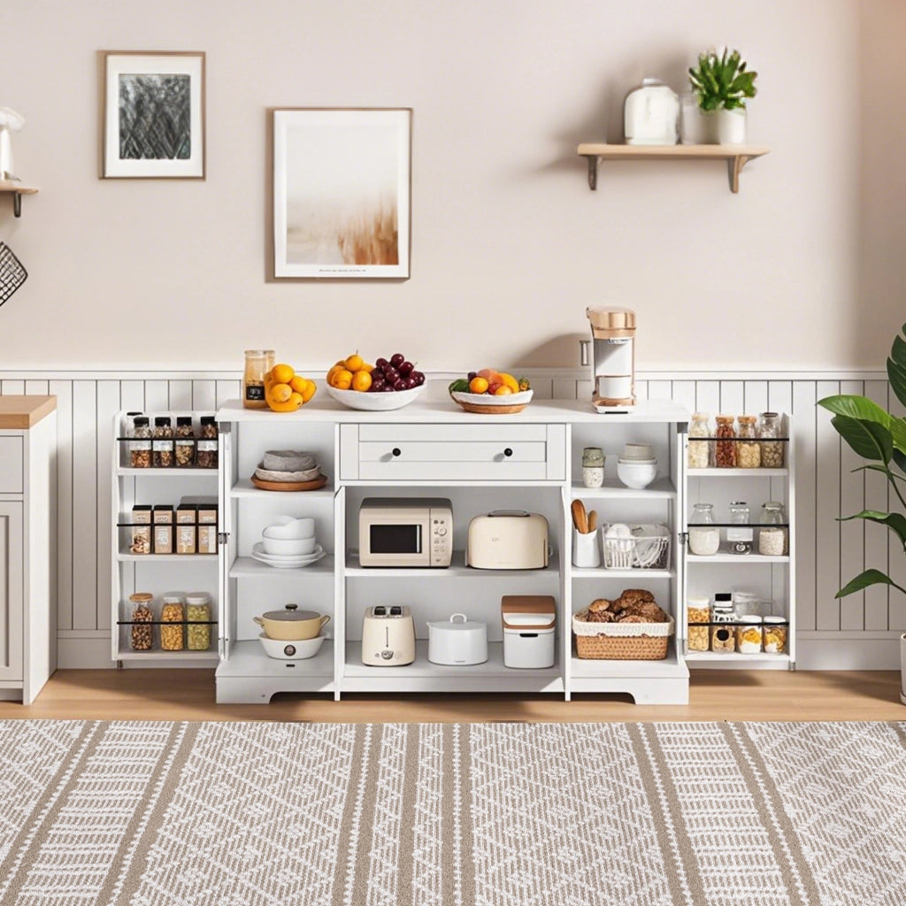 Credenza 138x40x85 cm Bianca con Cassetto; 3 Armadietti; Ripiani Regolabili e Portaoggetti sulle Ante