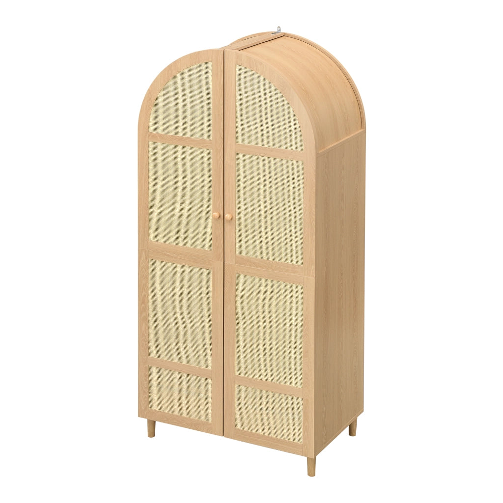 Armadio con ante curve, asta appendiabiti e cassetti, per camera da letto e ingresso, naturale, 80 × 50 × 179 cm