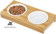Doppio Mangiatoia per Gatti e Piccoli Cani con Standard di Bamboo - Bianco Naturale 2x Piatto di Cotto.