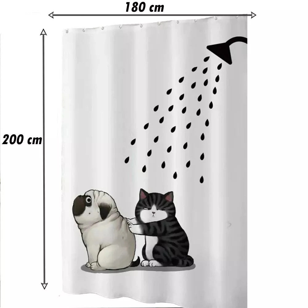 Trade Shop - Tenda Doccia Impermeabile 180x200 Cm Con 12 Anelli Vasca Bagno Cane Gatto 87093 -