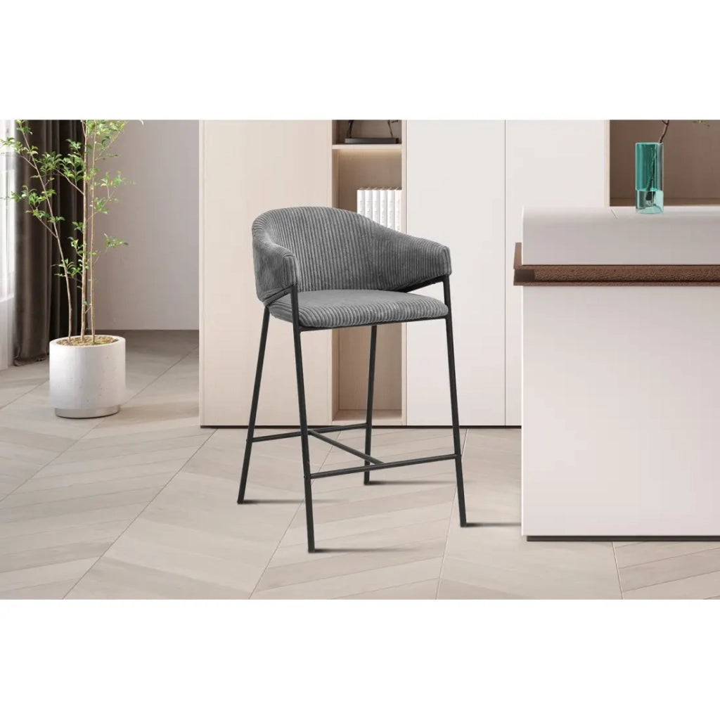 Sedia da banco IMANY – Velluto a coste grigio scuro – Con braccioli – Piedi in metallo nero – Stile design/industriale