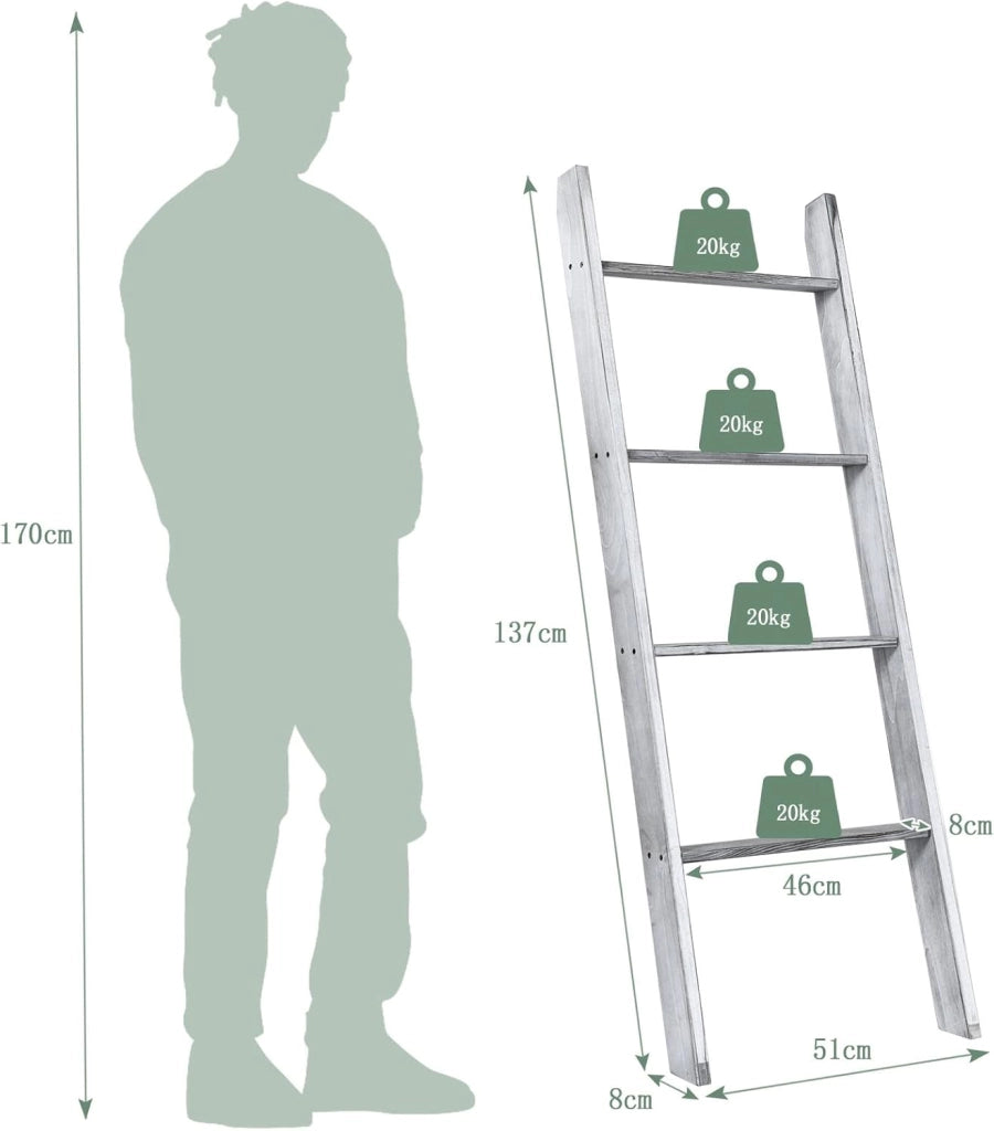 Scaffale di Stoccaggio in Legno di Pino, Porta Asciugamani a 4 Livelli per Bagno, Porta Salviette, Multiuso per Bagno Soggiorno (Grigio, 51 x 8 x 137 cm)