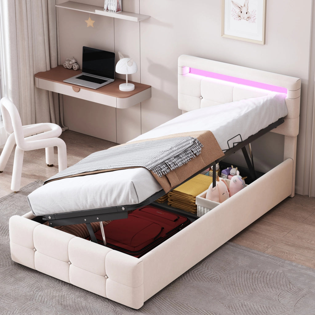 Letto imbottito 90x200 cm beige con LED, contenitore idraulico e testiera regolabile