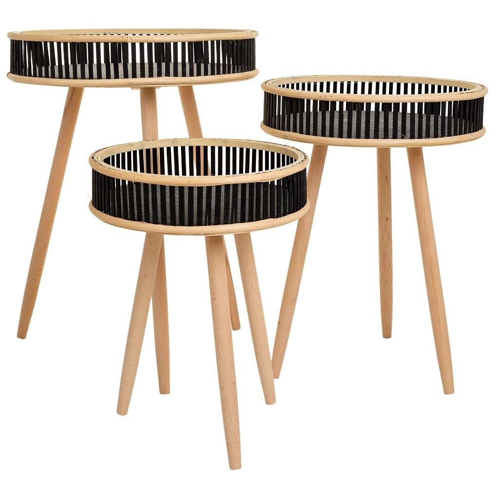 Set di 3 tavolini angolari in bambù nero e legno