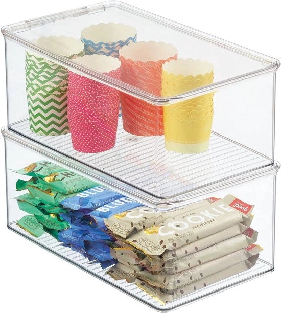Set di 2 organizzatori da cucina - Pannelli di stoccaggio imbottigliabili per piano di cucina e armadietto - Scatola di plastica refrigerante BPA libera con coperchio scorrevole - Translucido