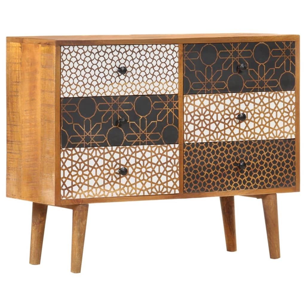 Buffet credenza cassettiera armadio mobile contenitore organizer per cucina soggiorno salotto con motivo stampato 90 x 30 x 70 cm legno massello di mango marrone 02_0030087