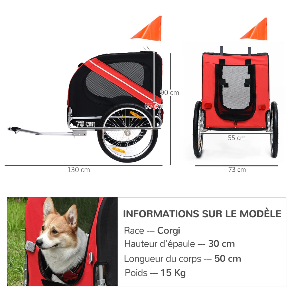 Rimorchio Bici per Cani ¨C zephmum ¨C Rosso Acciaio Polyester 130x73x90 cm