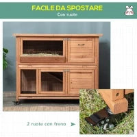 Conigliera in Legno a 2 Livelli con Ruote, Vassoio Estraibile e Rampa, 122x50x101cm