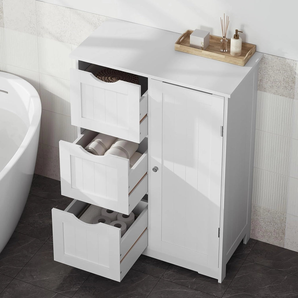 Mobile da Bagno Bianco Con 3 Cassetti e 2 Scomparti Regolabili, Portaoggetti per Camera da Letto/Corridoio/Cucina, 60x30x81cm
