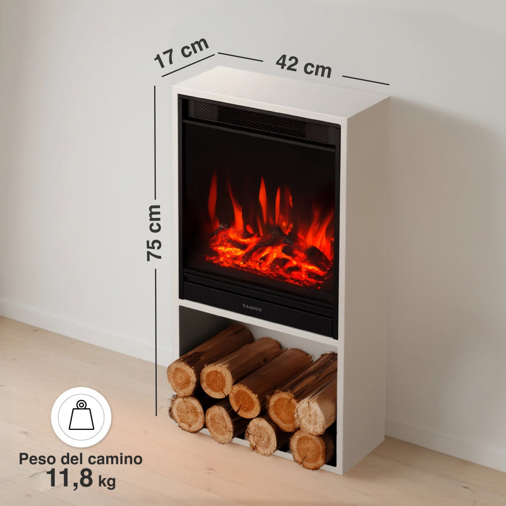 KAMINIO Camino elettrico HUGO - Stufa elettrica con riscaldamento, effetto fiamma 3D, luce ambiente a LED, scomparto de legno, telecomando - Bianco