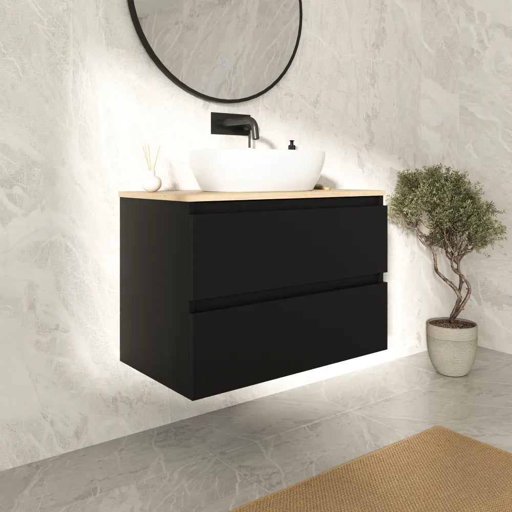 Mobile bagno sospeso 70cm due cassetti nero opaco con top rovere chiaro | Hexa