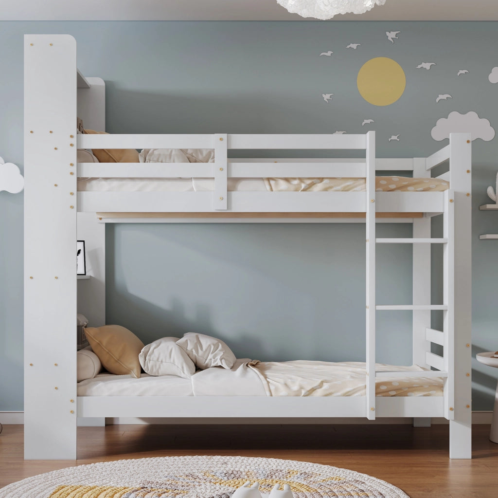 Letto a castello con ripiani e scala angolare a 3 gradini; 90x200 cm; bianco