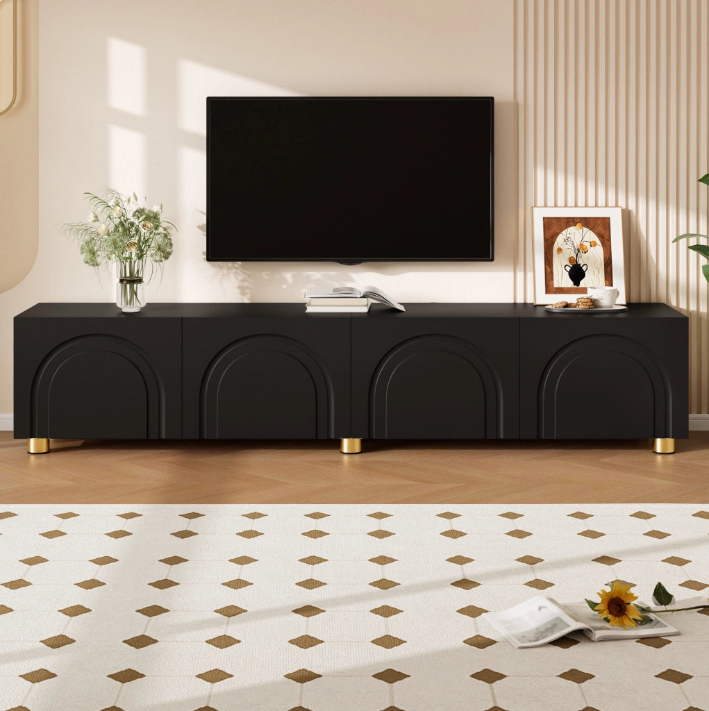 Mobile TV 180x35x40 cm con 4 porte; rilievo ad arco; in MDF e pannello truciolare; nero