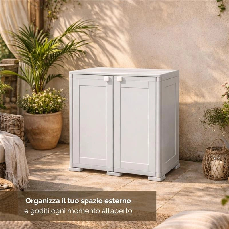 ARMADIO BASSO  79X43X85.5 CM 2 ANTE GRIGIO OMNIMODUS SIMPLEX – MOBILE CONTENITORE COMPATTO PER LAVANDERIA, GARAGE E BALCONE