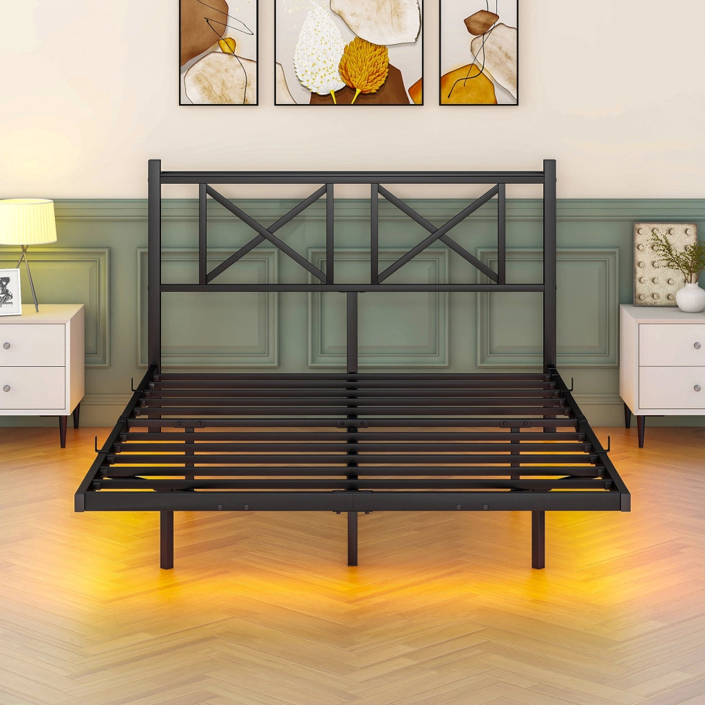 Letto matrimoniale 140 × 200 cm con illuminazione LED, stazione di ricarica USB, senza materasso, in metallo nero