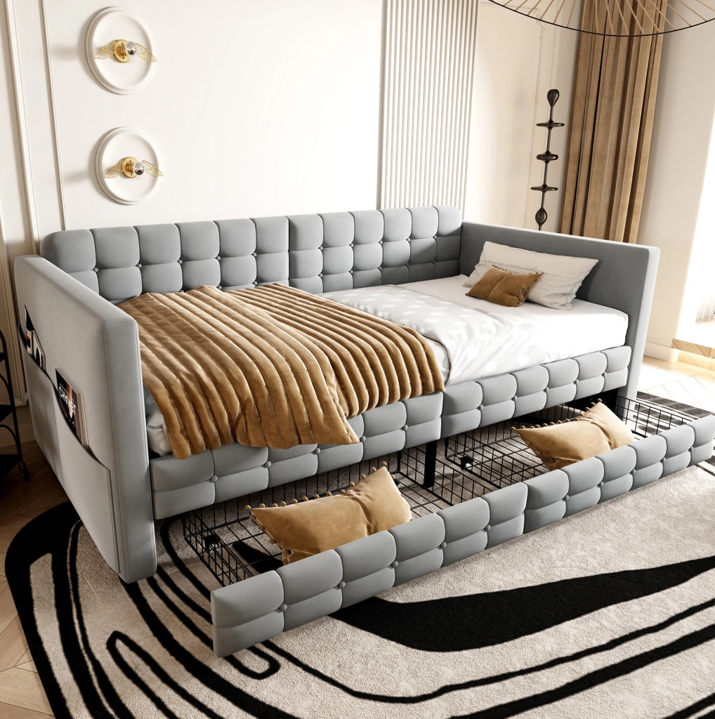 Letto imbottito 90x190 cm con contenitore e tasche in velluto grigio chiaro
