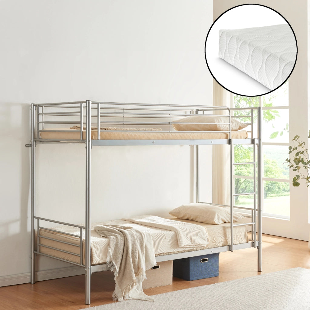 Letto a Castello Soppsar con 2 Materassi 200 x 90 cm Barriera Anticaduta e Scaletta - Argento [en.casa]