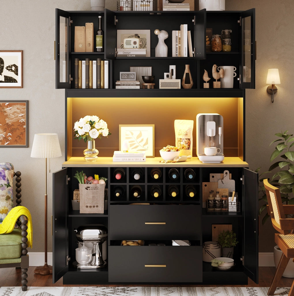 Credenza 120x36,3x180 cm nera in MDF, 6 ante con LED e prese USB