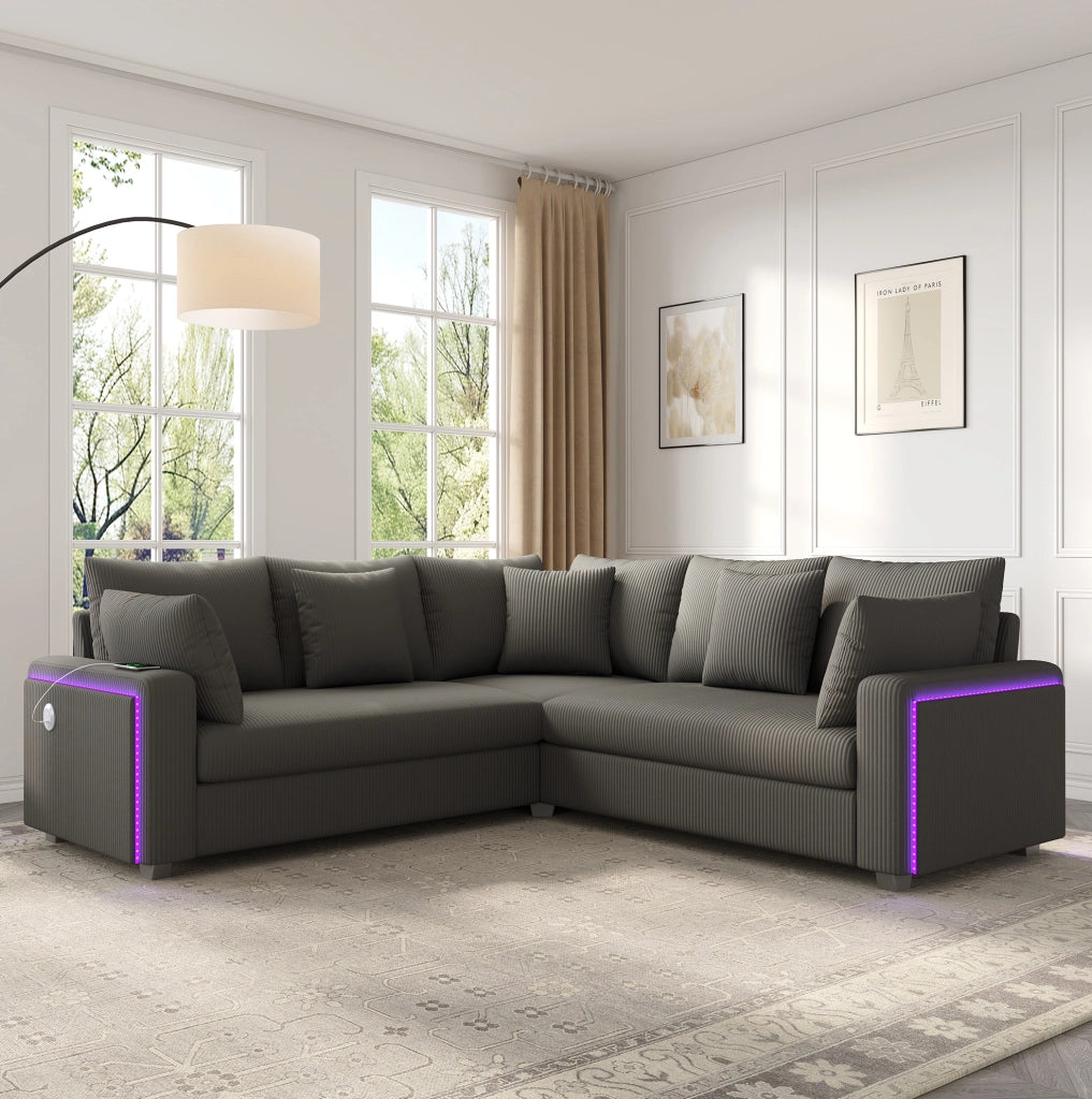 Divano angolare 4-5 posti 198x198 cm in velluto a coste grigio con LED e USB/USB-C HOMVRA