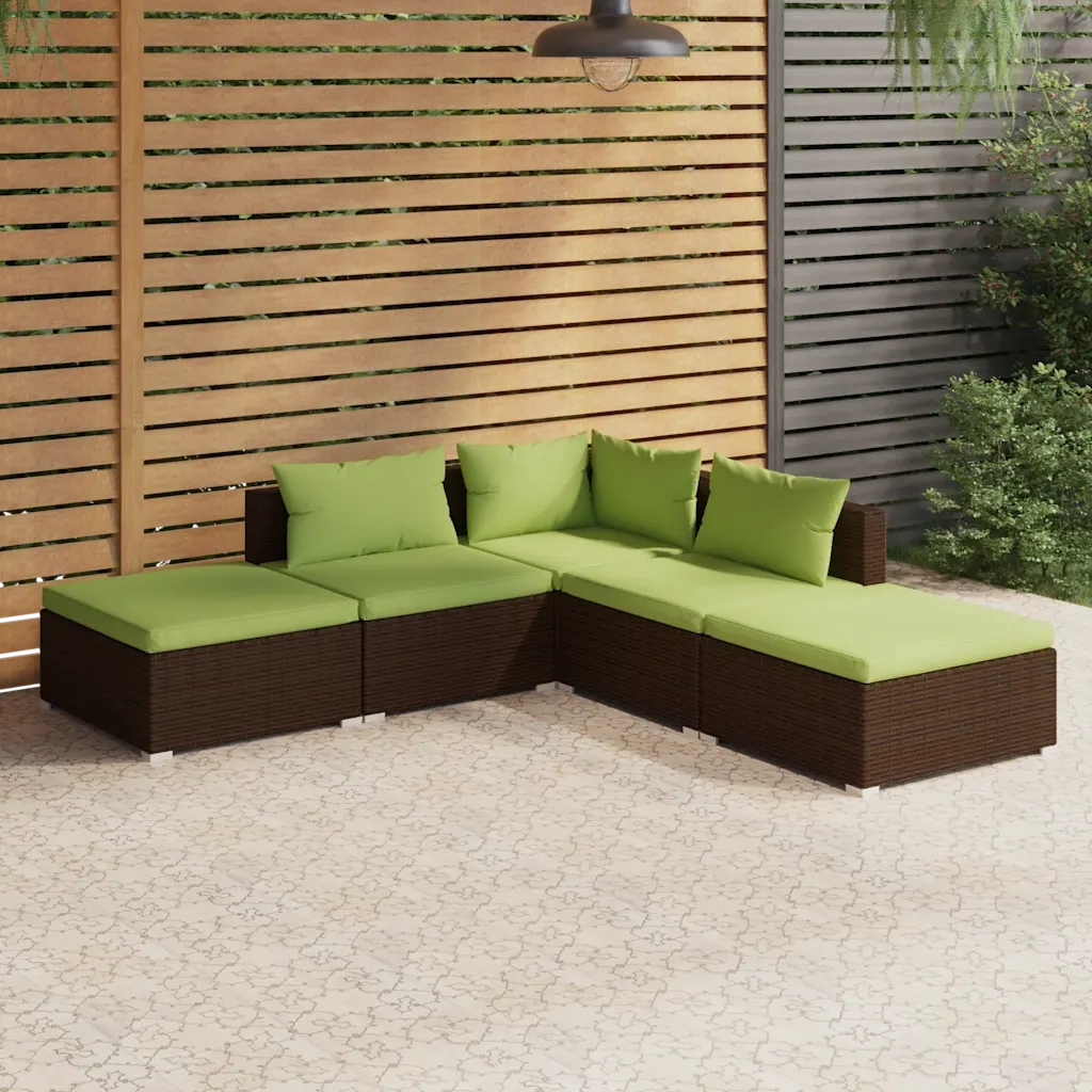 Set Divani da Giardino 5 pz con Cuscini in Polyrattan Marrone cod mxl 44375