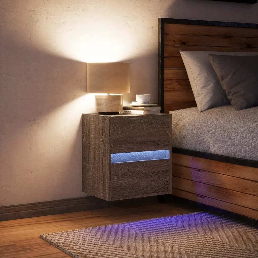 Comodino | Armadio da Notte | Mobiletto da notte a Parete con luci LED Rovere Marrone