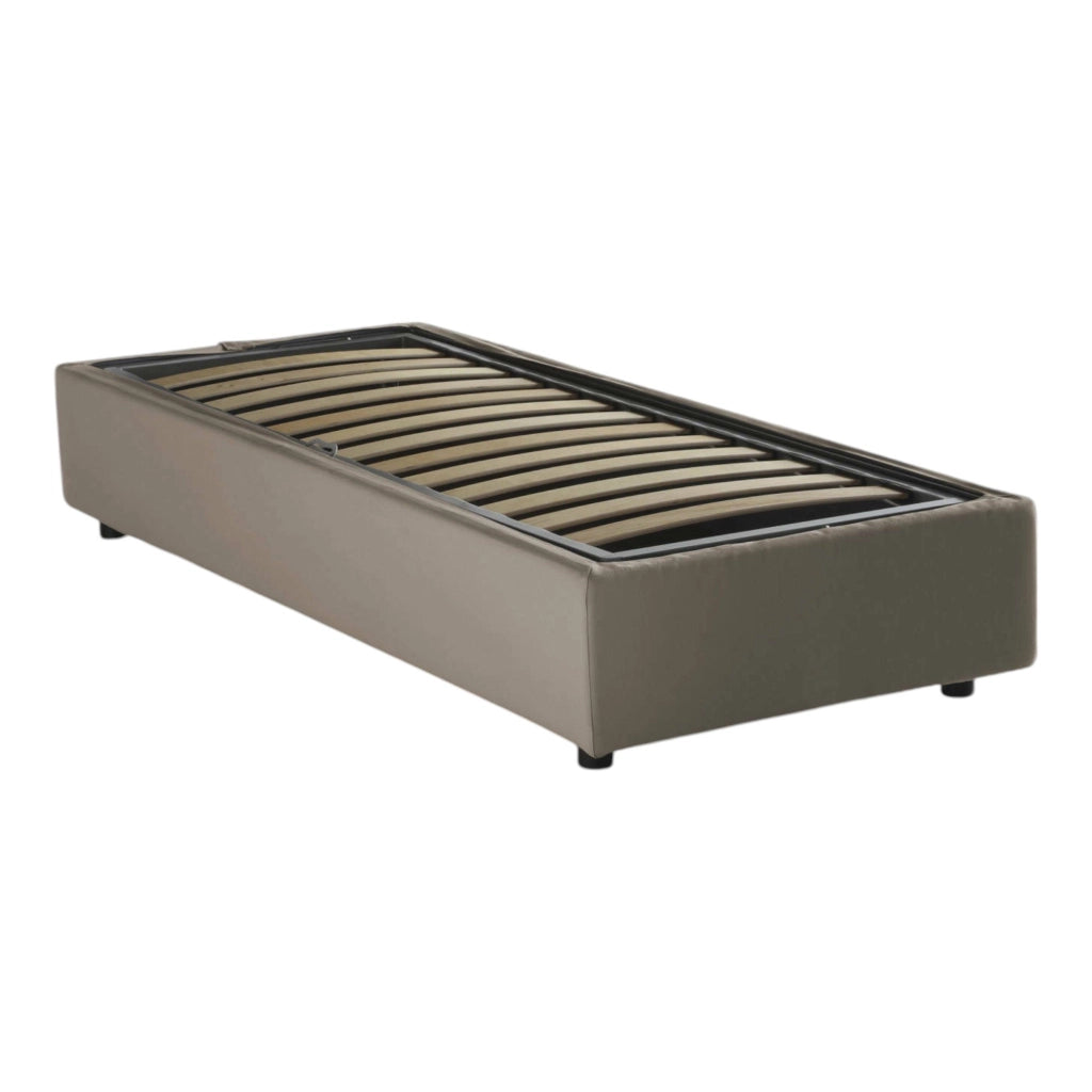Letto singolo Avova, Letto contenitore con rivestimento in tessuto, Made in Italy, Apertura frontale, con materasso cm 80x200 incluso, Tortora