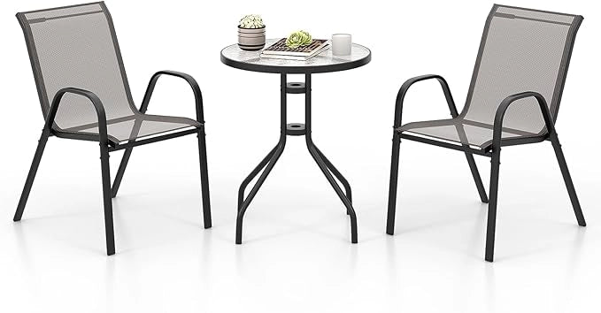 Set Mobili da Giardino 3 Pezzi, con Tavolo Rotondo in Vetro Temperato e 2 Sedie in Textilene Traspirante, per Esterno Balcone Giardino (Grigio)